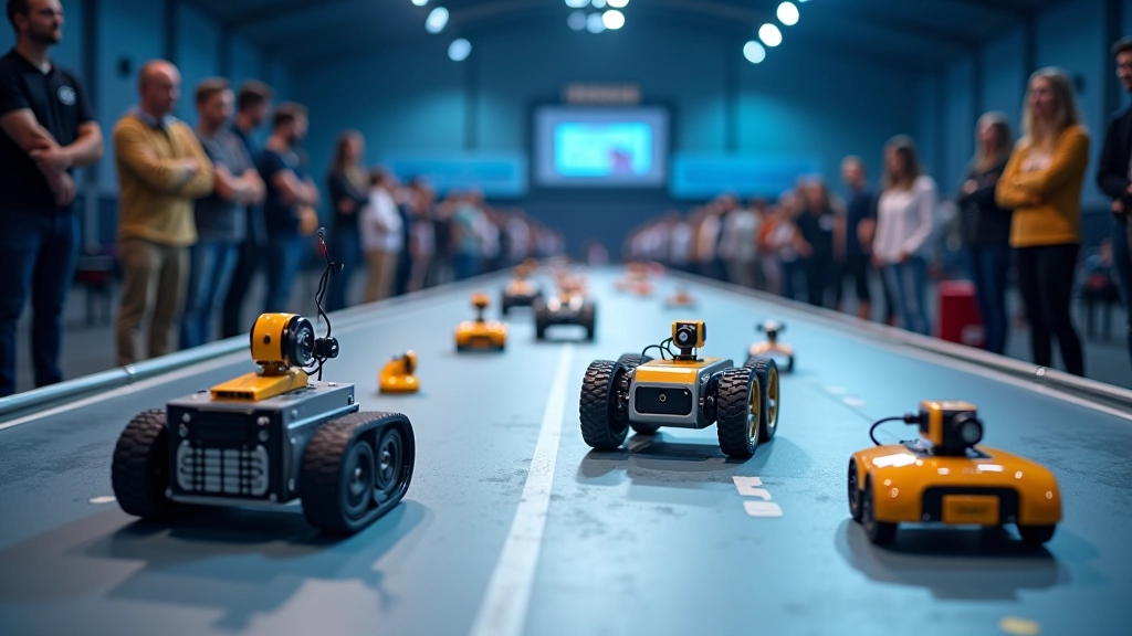 Robotikas sacensību vietā vairāki roboti startē uz trasēm, skatītāji skatās ar interesi
