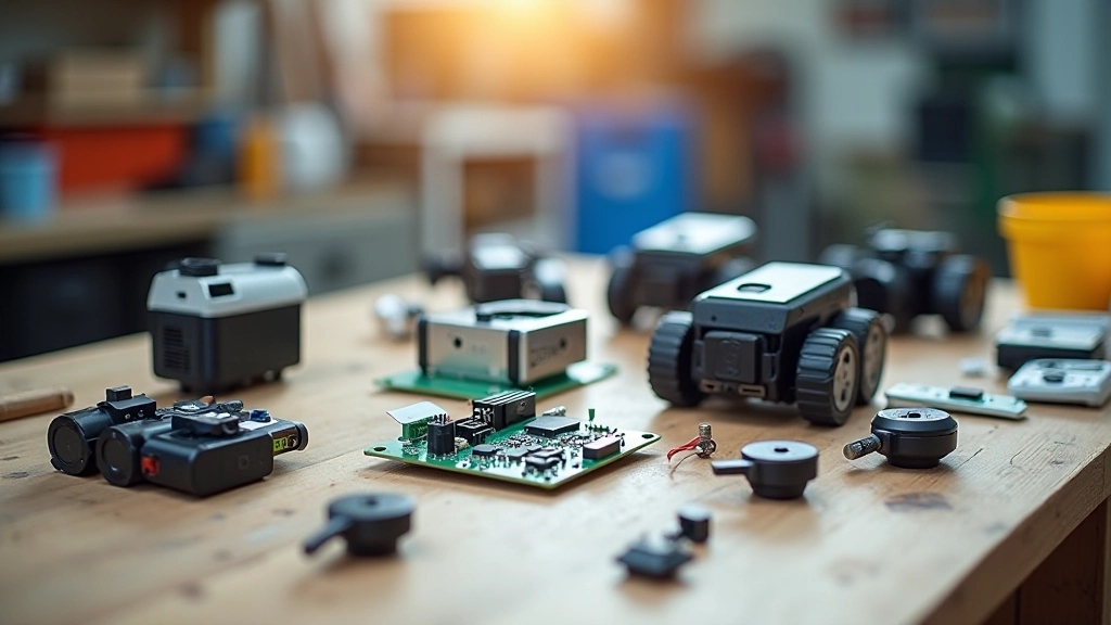 Robotika komplekta detaļas uz darba virsmas, ieskaitant motorus, sensorus un vadības plati