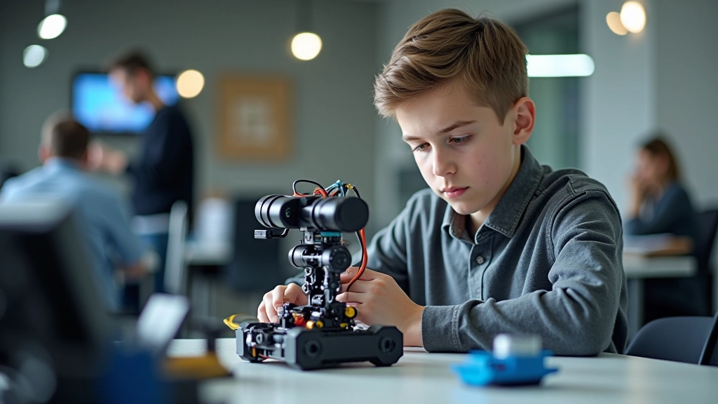 Skolnieks konstruē sarežģītu robotu ar daudzām sensoriem un mehānismiem, parādot inženierijas risinājumus